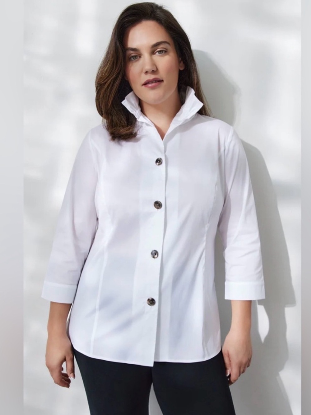 Ming Wang White Ruffle-Trim Button Front Blouse size large